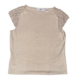 Marisa Christina Linen Blend Crochet Beaded Knit Top Beige Medium Vintage Y2K